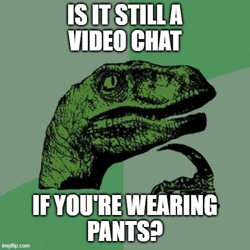 From home or in the office | IS IT STILL A
VIDEO CHAT; IF YOU'RE WEARING
PANTS? | image tagged in memes,philosoraptor,video chat,pants | made w/ Imgflip meme maker