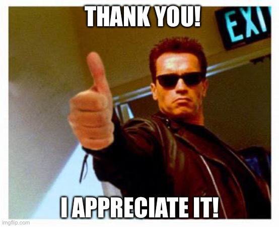 terminator thumbs up | THANK YOU! I APPRECIATE IT! | image tagged in terminator thumbs up | made w/ Imgflip meme maker