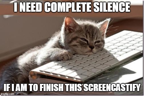 Screencastify cat | I NEED COMPLETE SILENCE; IF I AM TO FINISH THIS SCREENCASTIFY | image tagged in bored keyboard cat | made w/ Imgflip meme maker