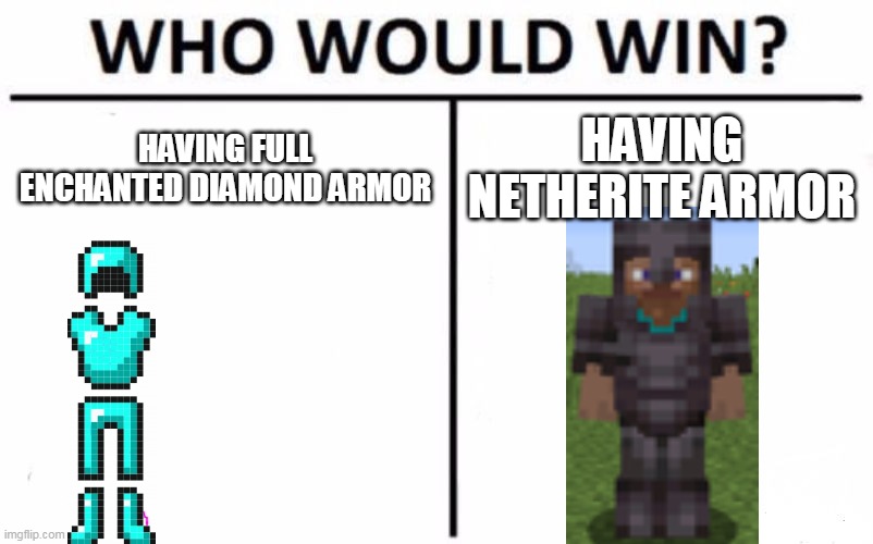 Who Would Win? Meme | HAVING FULL ENCHANTED DIAMOND ARMOR; HAVING NETHERITE ARMOR | image tagged in vote,diamond or netherite | made w/ Imgflip meme maker
