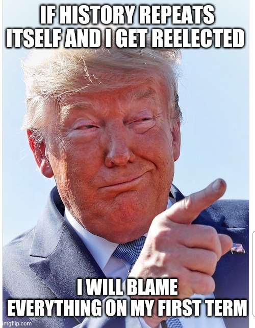 Trump pointing | IF HISTORY REPEATS ITSELF AND I GET REELECTED; I WILL BLAME EVERYTHING ON MY FIRST TERM | image tagged in trump pointing | made w/ Imgflip meme maker
