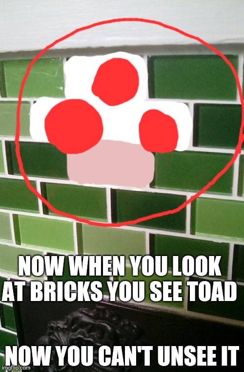 My friend showed me this | NOW WHEN YOU LOOK AT BRICKS YOU SEE TOAD; NOW YOU CAN'T UNSEE IT | image tagged in toad,bricks,can't unsee | made w/ Imgflip meme maker