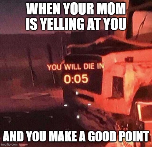 You will die in 0:05 | WHEN YOUR MOM IS YELLING AT YOU; AND YOU MAKE A GOOD POINT | image tagged in you will die in 005 | made w/ Imgflip meme maker
