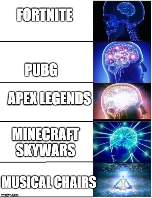 Expanding Brain 5 Panel | FORTNITE; PUBG; APEX LEGENDS; MINECRAFT SKYWARS; MUSICAL CHAIRS | image tagged in expanding brain 5 panel | made w/ Imgflip meme maker