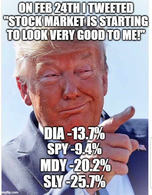 At this rate DIA will be down 49% on Febuary 24th 2020, SPY down 36.3%, MDY down 64.4%, and SLY down 74.3% | ON FEB 24TH I TWEETED "STOCK MARKET IS STARTING TO LOOK VERY GOOD TO ME!"; DIA -13.7%; SPY -9.4%; MDY -20.2%; SLY -25.7% | image tagged in trump pointing | made w/ Imgflip meme maker