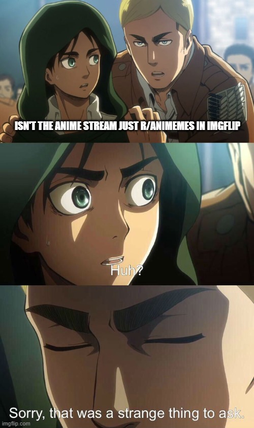 Erwin meme | ISN'T THE ANIME STREAM JUST R/ANIMEMES IN IMGFLIP | image tagged in erwin meme | made w/ Imgflip meme maker