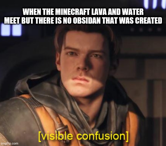 Cal Kestis Visible Confusion | WHEN THE MINECRAFT LAVA AND WATER MEET BUT THERE IS NO OBSIDAN THAT WAS CREATED | image tagged in cal kestis visible confusion | made w/ Imgflip meme maker