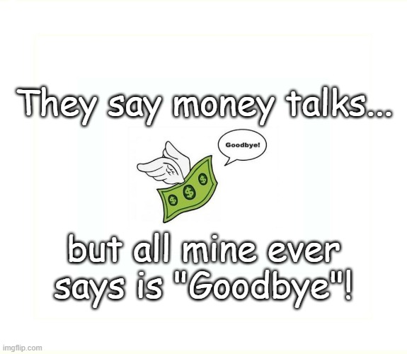 They say money talks... but all mine ever says is "Goodbye"! | image tagged in money | made w/ Imgflip meme maker