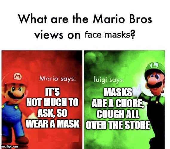 Mario v luigi | face masks; IT'S NOT MUCH TO ASK, SO WEAR A MASK; MASKS ARE A CHORE, COUGH ALL OVER THE STORE | image tagged in mario v luigi | made w/ Imgflip meme maker