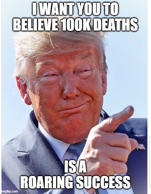 Trump pointing | I WANT YOU TO BELIEVE 100K DEATHS IS A ROARING SUCCESS | image tagged in trump pointing | made w/ Imgflip meme maker