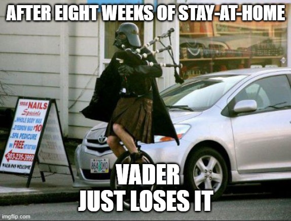 Invalid Argument Vader | AFTER EIGHT WEEKS OF STAY-AT-HOME; VADER JUST LOSES IT | image tagged in memes,invalid argument vader | made w/ Imgflip meme maker