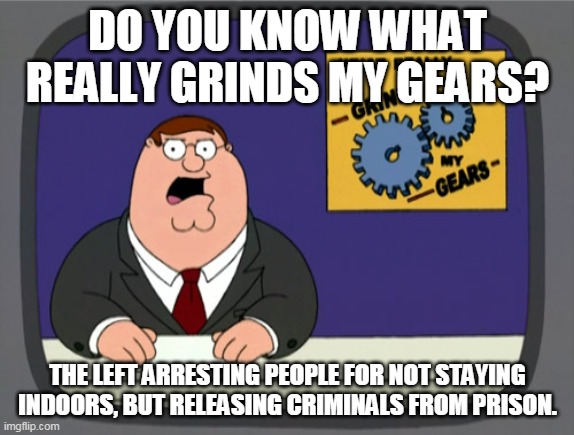 Peter Griffin News | DO YOU KNOW WHAT REALLY GRINDS MY GEARS? THE LEFT ARRESTING PEOPLE FOR NOT STAYING INDOORS, BUT RELEASING CRIMINALS FROM PRISON. | image tagged in memes,peter griffin news | made w/ Imgflip meme maker