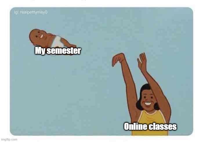 School be like | My semester; Online classes | image tagged in mom throwing baby,online school,school,college | made w/ Imgflip meme maker