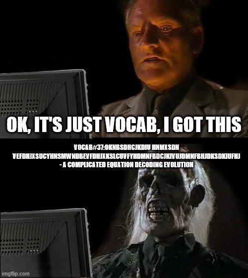 Everyone studying for that vocab test | OK, IT'S JUST VOCAB, I GOT THIS; VOCAB#37:OKNBSDHCJKDIU HNMXSDN VEFDHJXSUCYHNSMWNDBEVFDHJXKSLCUVFYHDMNFBDCJKIVUJDMNFBHJDKSDKIUFHJ - A COMPLICATED EQUATION DECODING EVOLUTION | image tagged in memes,i'll just wait here | made w/ Imgflip meme maker