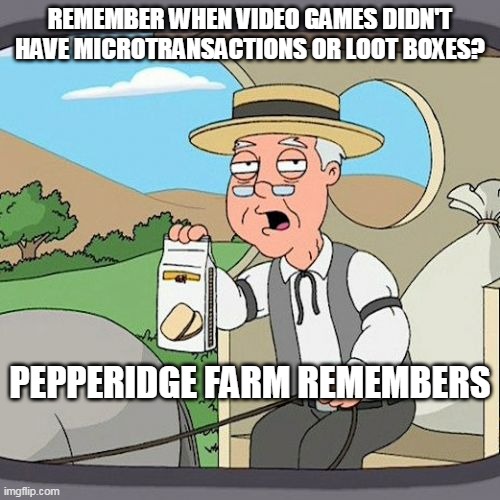 Pepperidge Farm Remembers Meme | REMEMBER WHEN VIDEO GAMES DIDN'T HAVE MICROTRANSACTIONS OR LOOT BOXES? PEPPERIDGE FARM REMEMBERS | image tagged in memes,pepperidge farm remembers | made w/ Imgflip meme maker