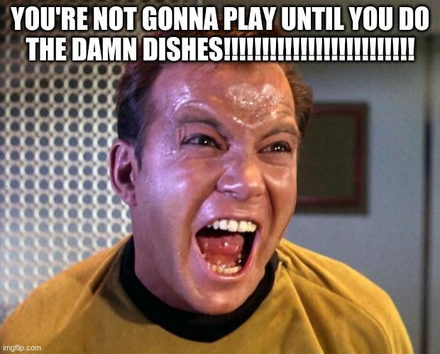 Captain Kirk Screaming | YOU'RE NOT GONNA PLAY UNTIL YOU DO THE DAMN DISHES!!!!!!!!!!!!!!!!!!!!!!!!! | image tagged in captain kirk screaming | made w/ Imgflip meme maker