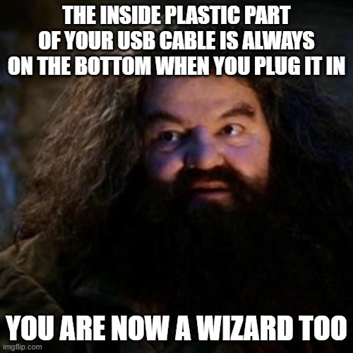 USB Wizard | THE INSIDE PLASTIC PART OF YOUR USB CABLE IS ALWAYS ON THE BOTTOM WHEN YOU PLUG IT IN; YOU ARE NOW A WIZARD TOO | image tagged in you're a wizard harry,usb,wizard | made w/ Imgflip meme maker