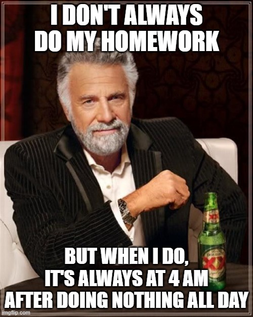 The Most Interesting Man In The World Meme | I DON'T ALWAYS DO MY HOMEWORK; BUT WHEN I DO, IT'S ALWAYS AT 4 AM AFTER DOING NOTHING ALL DAY | image tagged in memes,the most interesting man in the world | made w/ Imgflip meme maker