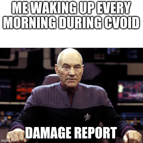 every morning | ME WAKING UP EVERY MORNING DURING CVOID; DAMAGE REPORT | image tagged in captain picard damage report,captain picard,coronavirus,waking up,meme,me | made w/ Imgflip meme maker