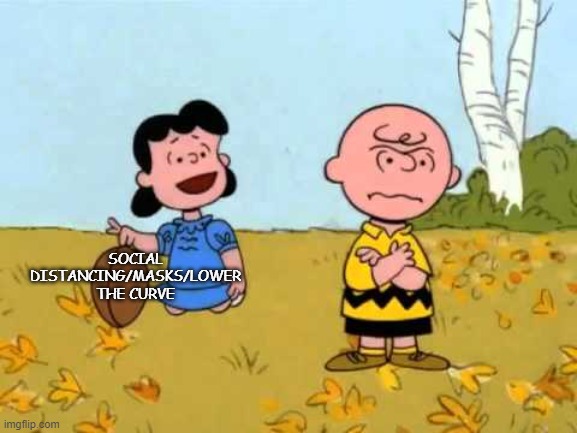 Covid-19 lies |  SOCIAL DISTANCING/MASKS/LOWER THE CURVE | image tagged in lucy football and charlie brown | made w/ Imgflip meme maker
