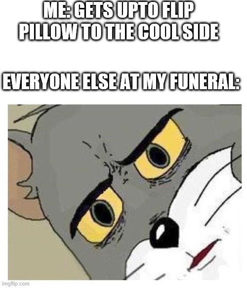 Unsettled Tom | ME: GETS UPTO FLIP PILLOW TO THE COOL SIDE; EVERYONE ELSE AT MY FUNERAL: | image tagged in unsettled tom | made w/ Imgflip meme maker