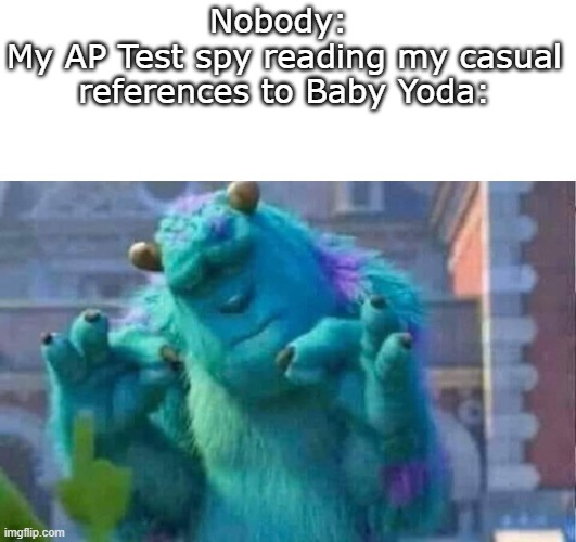 AP Test meme | Nobody: 
My AP Test spy reading my casual references to Baby Yoda: | image tagged in sully shutdown | made w/ Imgflip meme maker
