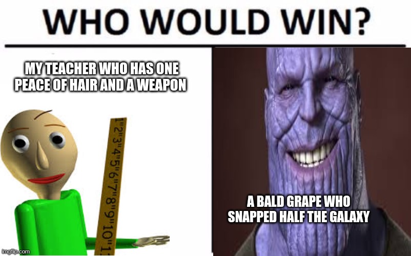 Who Would Win? Meme | MY TEACHER WHO HAS ONE PEACE OF HAIR AND A WEAPON; A BALD GRAPE WHO SNAPPED HALF THE GALAXY | image tagged in memes,who would win | made w/ Imgflip meme maker