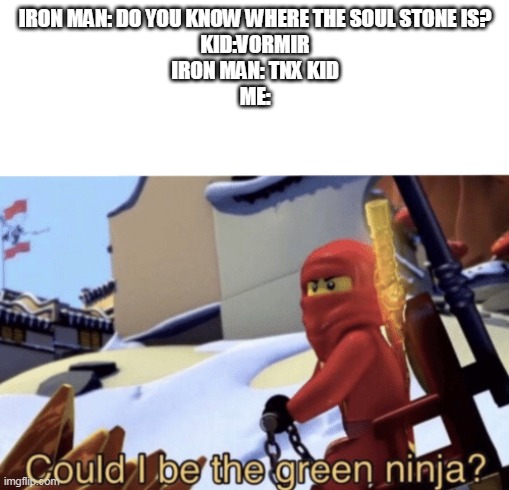 Could I Be The Green Ninja? | IRON MAN: DO YOU KNOW WHERE THE SOUL STONE IS?
KID:VORMIR
IRON MAN: TNX KID
ME: | image tagged in could i be the green ninja | made w/ Imgflip meme maker
