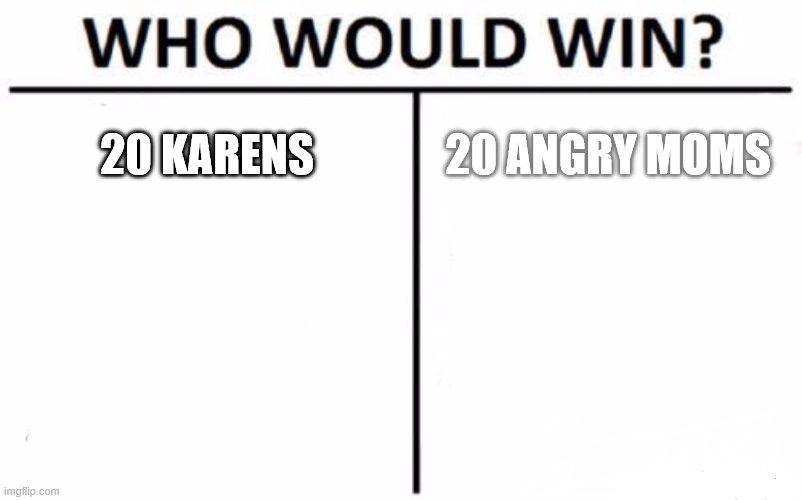Who Would Win? | 20 KARENS; 20 ANGRY MOMS | image tagged in memes,who would win | made w/ Imgflip meme maker