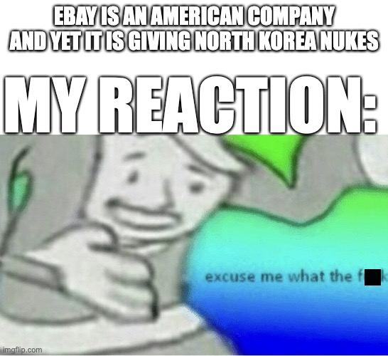 Excuse me wtf blank template | EBAY IS AN AMERICAN COMPANY
AND YET IT IS GIVING NORTH KOREA NUKES MY REACTION: | image tagged in excuse me wtf blank template | made w/ Imgflip meme maker