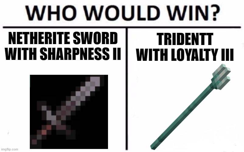 Who Would Win? Meme | NETHERITE SWORD WITH SHARPNESS II; TRIDENTT WITH LOYALTY III | image tagged in memes,who would win | made w/ Imgflip meme maker