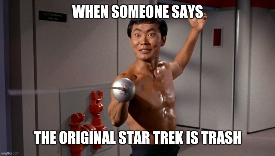 Sulu will kill you | WHEN SOMEONE SAYS; THE ORIGINAL STAR TREK IS TRASH | image tagged in star trek,memes | made w/ Imgflip meme maker