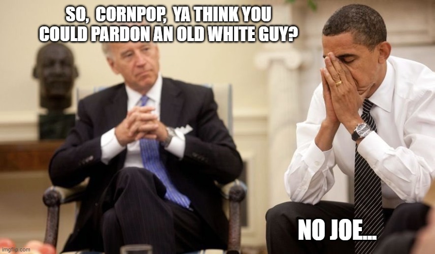 He's not going down, but whoever leaked those unmasked people...another story there. | SO,  CORNPOP,  YA THINK YOU COULD PARDON AN OLD WHITE GUY? NO JOE... | image tagged in biden obama,funny,politics,political meme | made w/ Imgflip meme maker