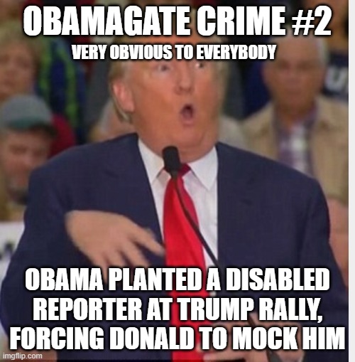 ObamaGate Crime #2 | OBAMAGATE CRIME #2; VERY OBVIOUS TO EVERYBODY; OBAMA PLANTED A DISABLED REPORTER AT TRUMP RALLY, FORCING DONALD TO MOCK HIM | image tagged in donald trump tho,obamagate,obamagate crimes,deranged,trump | made w/ Imgflip meme maker