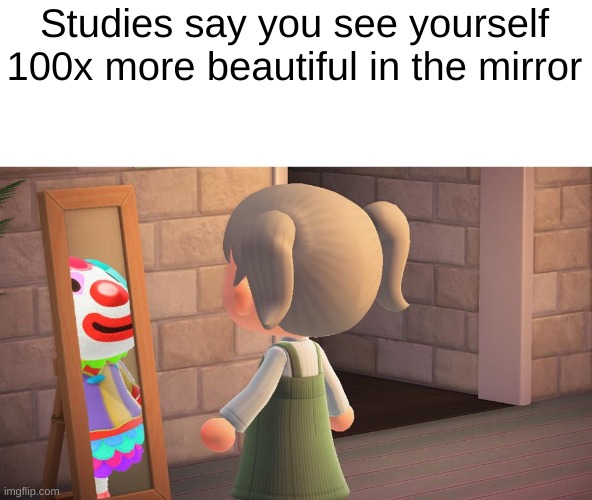 Animal crossing mirror clown | Studies say you see yourself 100x more beautiful in the mirror | image tagged in animal crossing mirror clown | made w/ Imgflip meme maker