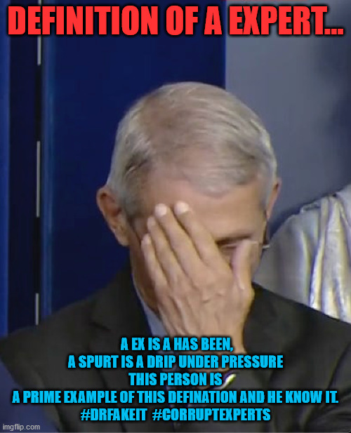 Dr Fauci | DEFINITION OF A EXPERT... A EX IS A HAS BEEN, A SPURT IS A DRIP UNDER PRESSURE
THIS PERSON IS A PRIME EXAMPLE OF THIS DEFINATION AND HE KNOW IT.
#DRFAKEIT  #CORRUPTEXPERTS | image tagged in dr fauci | made w/ Imgflip meme maker