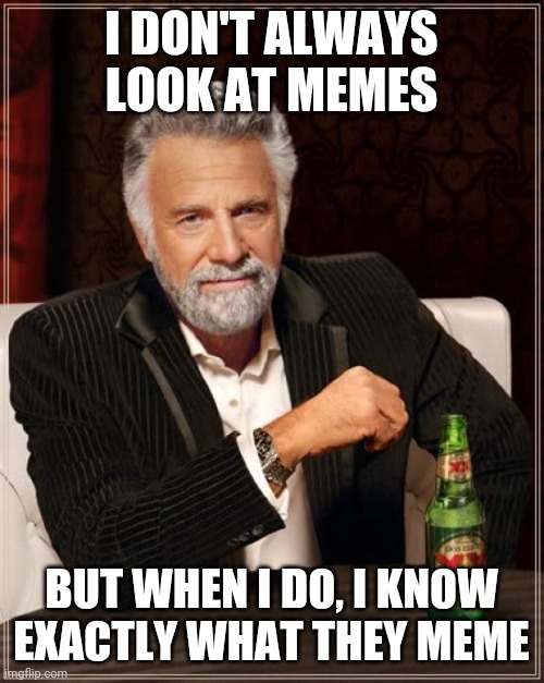 The Most Interesting Man In The World | I DON'T ALWAYS LOOK AT MEMES; BUT WHEN I DO, I KNOW EXACTLY WHAT THEY MEME | image tagged in memes,the most interesting man in the world | made w/ Imgflip meme maker
