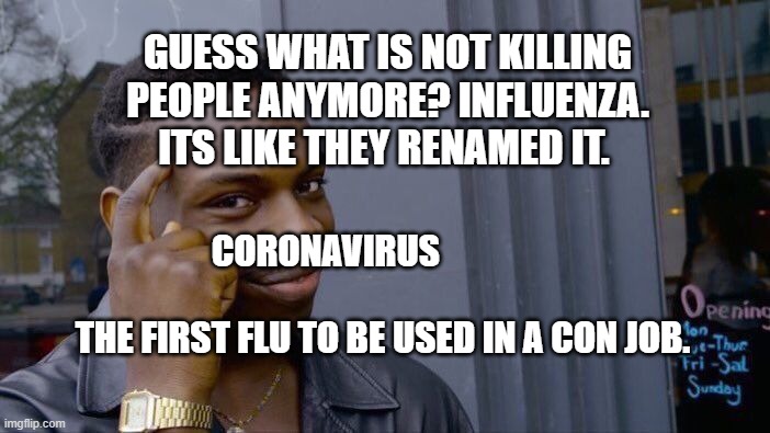 Roll Safe Think About It | GUESS WHAT IS NOT KILLING PEOPLE ANYMORE? INFLUENZA. ITS LIKE THEY RENAMED IT. CORONAVIRUS                                                       THE FIRST FLU TO BE USED IN A CON JOB. | image tagged in memes,roll safe think about it | made w/ Imgflip meme maker