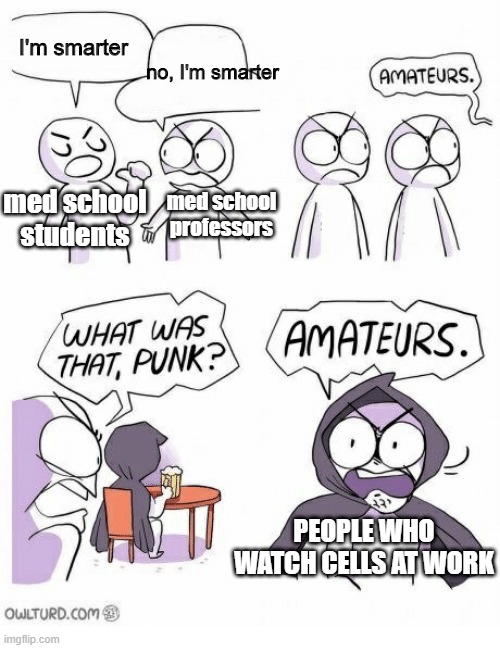 Amateurs | I'm smarter; no, I'm smarter; med school students; med school professors; PEOPLE WHO WATCH CELLS AT WORK | image tagged in amateurs | made w/ Imgflip meme maker
