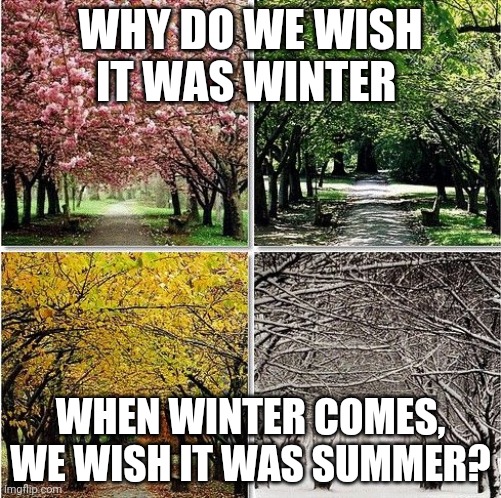 Four Seasons | WHY DO WE WISH IT WAS WINTER; WHEN WINTER COMES, WE WISH IT WAS SUMMER? | image tagged in four seasons | made w/ Imgflip meme maker