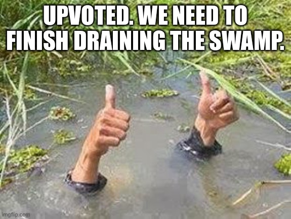 FLOODING THUMBS UP | UPVOTED. WE NEED TO FINISH DRAINING THE SWAMP. | image tagged in flooding thumbs up | made w/ Imgflip meme maker