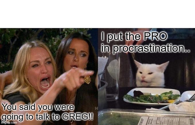 ProcraSTINATION | I put the PRO in procrastination.. You said you were going to talk to GREG!! | image tagged in memes,woman yelling at cat | made w/ Imgflip meme maker