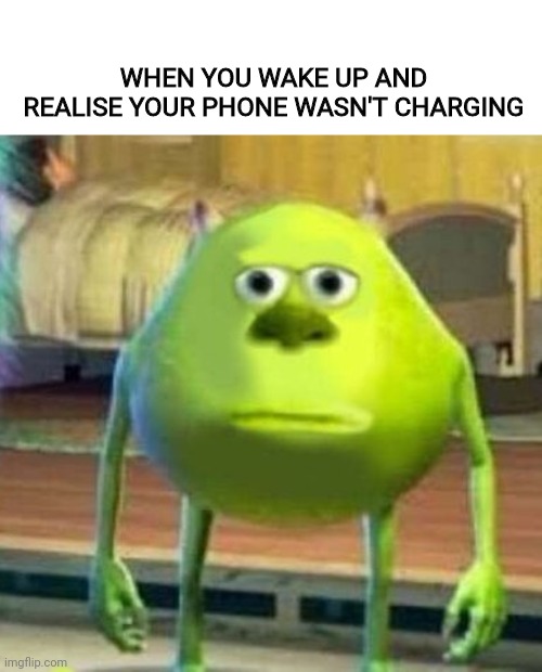 Sully face swap | WHEN YOU WAKE UP AND REALISE YOUR PHONE WASN'T CHARGING | image tagged in mike wasowski sully face swap | made w/ Imgflip meme maker