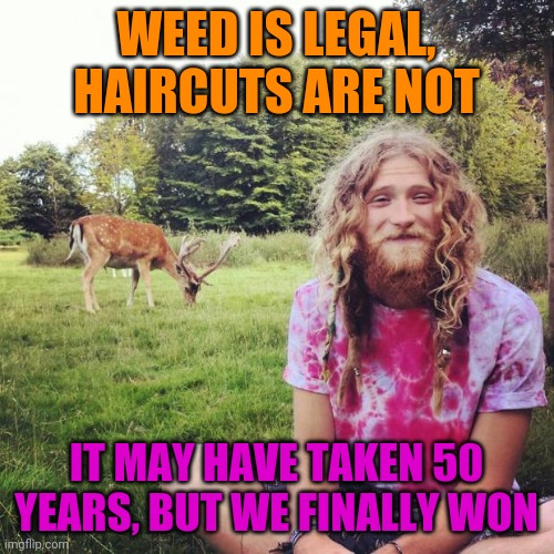The Hippies Have Finally Done It! | WEED IS LEGAL, HAIRCUTS ARE NOT; IT MAY HAVE TAKEN 50 YEARS, BUT WE FINALLY WON | image tagged in heathen hippie,humor,funny,fun,covid-19 | made w/ Imgflip meme maker
