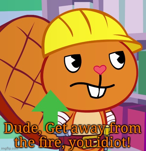 Confused Handy (HTF) | Dude, Get away from the fire, you idiot! | image tagged in confused handy htf | made w/ Imgflip meme maker