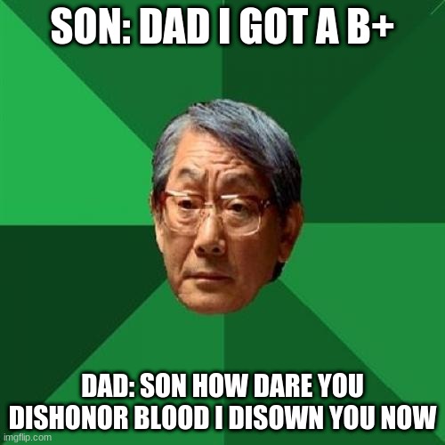 High Expectations Asian Father | SON: DAD I GOT A B+; DAD: SON HOW DARE YOU DISHONOR BLOOD I DISOWN YOU NOW | image tagged in memes,high expectations asian father | made w/ Imgflip meme maker