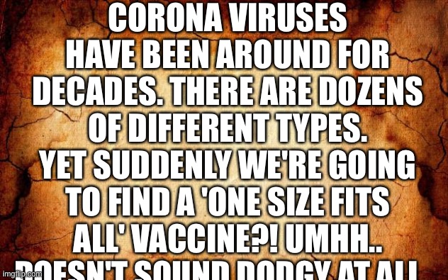 background | CORONA VIRUSES HAVE BEEN AROUND FOR DECADES. THERE ARE DOZENS OF DIFFERENT TYPES. YET SUDDENLY WE'RE GOING TO FIND A 'ONE SIZE FITS ALL' VACCINE?! UMHH.. DOESN'T SOUND DODGY AT ALL.. | image tagged in background | made w/ Imgflip meme maker