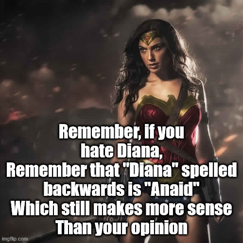 Badass Wonder Woman | Remember, if you hate Diana,
Remember that "Diana" spelled backwards is "Anaid"
Which still makes more sense
Than your opinion | image tagged in badass wonder woman,wonder woman,dceu forever | made w/ Imgflip meme maker