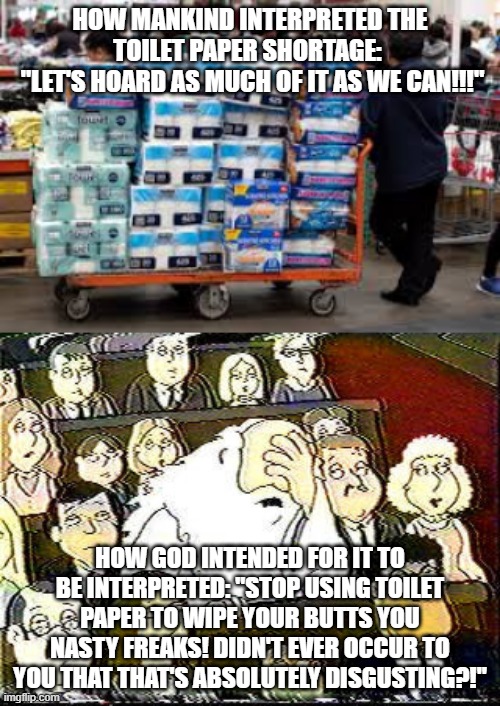 We got it all wrong!!! | HOW MANKIND INTERPRETED THE TOILET PAPER SHORTAGE: 
 "LET'S HOARD AS MUCH OF IT AS WE CAN!!!"; HOW GOD INTENDED FOR IT TO BE INTERPRETED: "STOP USING TOILET PAPER TO WIPE YOUR BUTTS YOU NASTY FREAKS! DIDN'T EVER OCCUR TO YOU THAT THAT'S ABSOLUTELY DISGUSTING?!" | image tagged in toilet paper | made w/ Imgflip meme maker