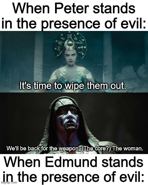 When Peter stands in the presence of evil:; It's time to wipe them out. We'll be back for the weapon. (The core?) The woman. When Edmund stands in the presence of evil: | image tagged in for narnia,dceu forever | made w/ Imgflip meme maker